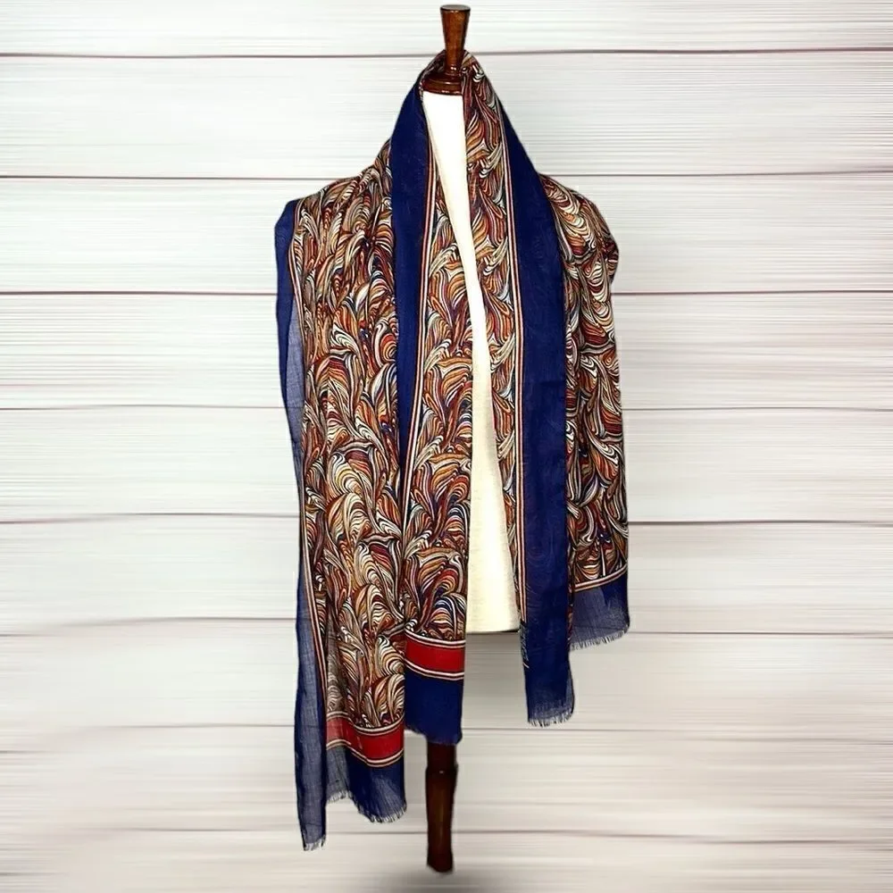 Silk Wool Large Oblong Scarf Shawl Lightweight Wrap Blue Paisley Italy